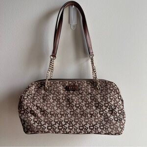 DKNY Gold and Brown Shoulder Bag with Monogram Print